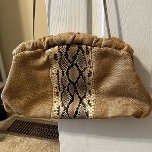 Vtg X-Large natural burlap snakeskin clutch shoulder bag